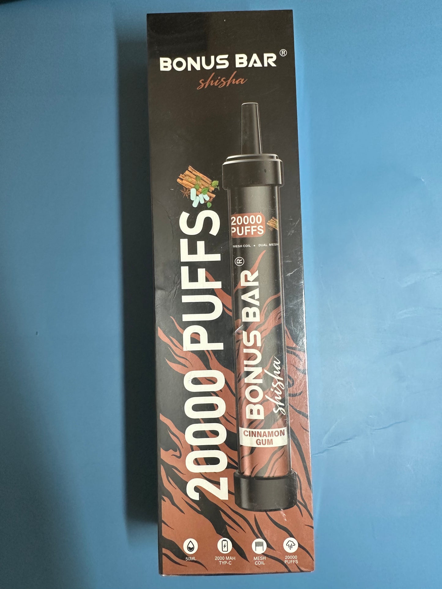 Bonus Bar Shisha (Electric Hookah) 20k PUFFS!!! Flavors Double Apple Cinnamon Gum White Gummy Bear Perfect for a Party!! The First 20k Electric Hookah!! 50ML Nicotine 5% 2000maH C-Port Charger